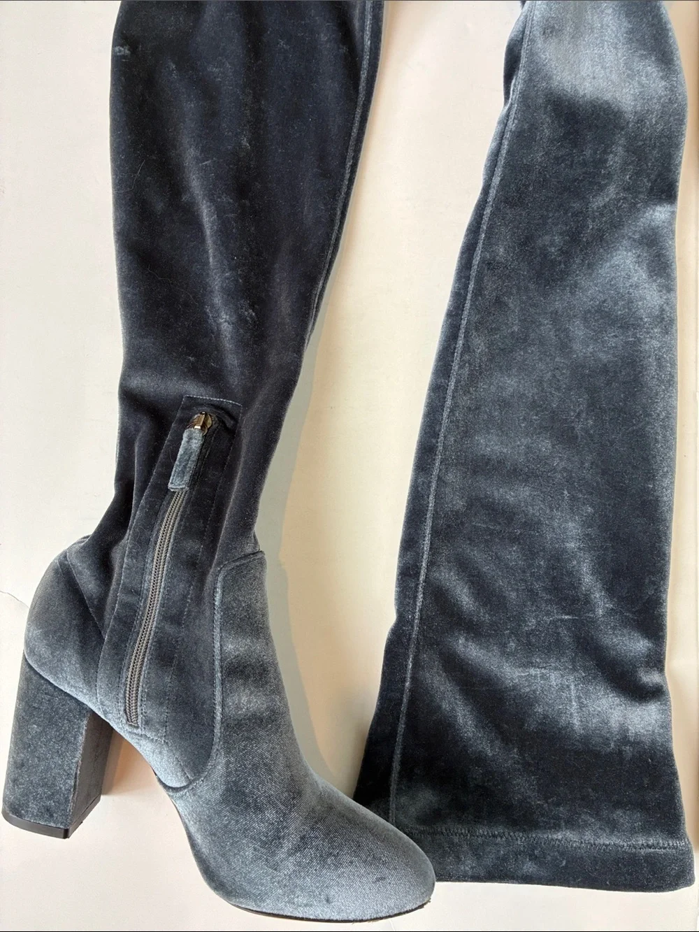 Aquazzura So Me Boots Stretch Velvet sz 36.5 Blue Gray Over The Knee Maximalist